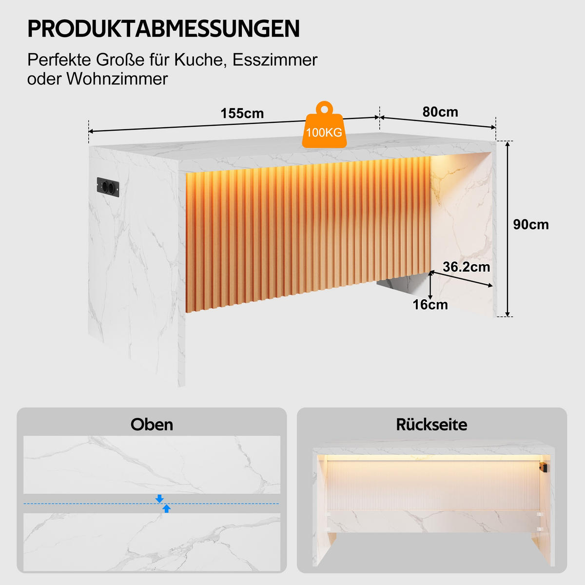 KÜCHENINSEL 155/80/90 cm Weiß mit LED-Leuchten, 2 Steckdosen und 2 USB-Anschlüsse - Weiß, Holz/Holzwerkstoff (80/90/155cm) - Oxeza