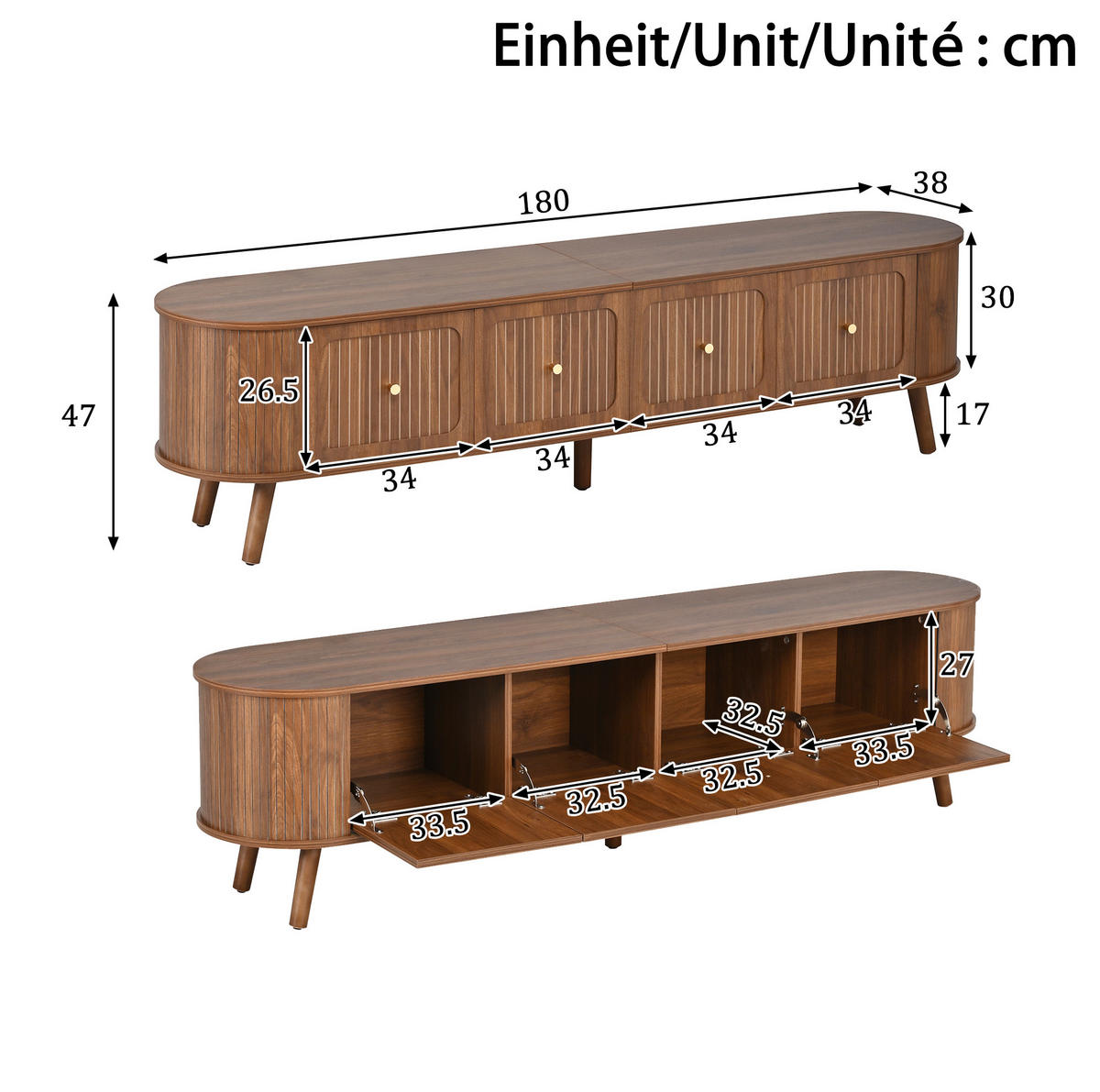 TV-LOWBOARD aus MDF und Spanplatte 180x38x47 cm Nussbaum mit Klapptüren und goldfarbenen Griffen - Braun, Holzwerkstoff (180/47/38cm) - IVMEU