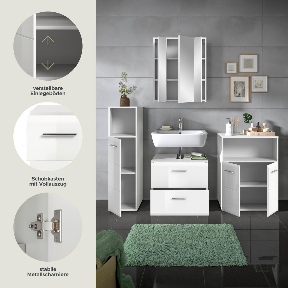 BADKOMBINATION Ice 180x185x30 cm weiß Hochglanz MDF 4tlg. - Weiß, Holz (180/185/30cm)