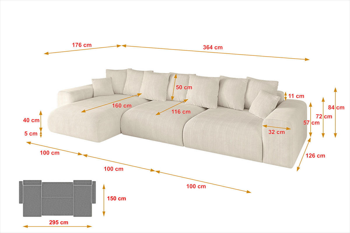 ECKSOFA Ottomane links ESKAR-L 364x176x84 Taupe Cord - Taupe/Schwarz, Holzwerkstoff/Kunststoff (364/176cm) - ALTDECOR