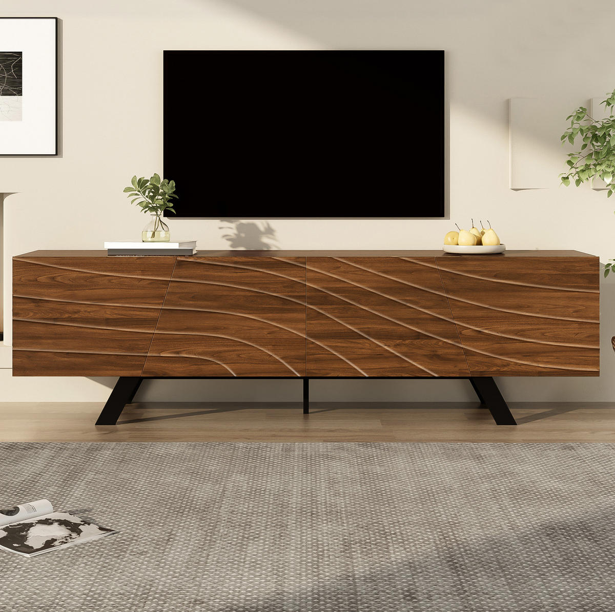 LOWBOARD 160/39/50.5 cm Walnussfarbe aus MDF mit Wellenfront und Kabelmanagement - Walnussfarben, Holzwerkstoff (39/50.5/160cm) - OKMYHOME