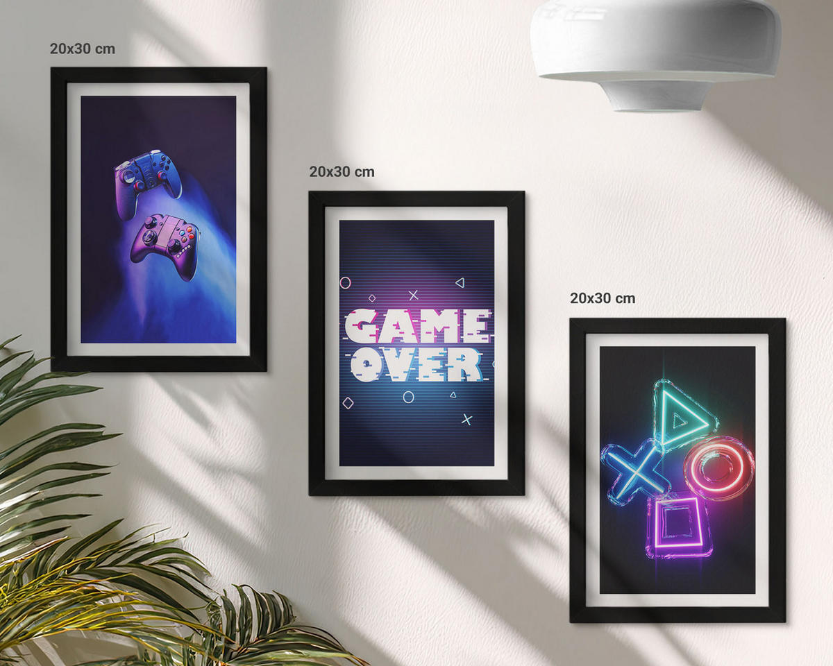 BILDER SET 3er Set - 20x30 cm Schwarzer Rahmen - Game Over Gamepads - Schwarz, Kunststoff (20/30cm) - TULUP