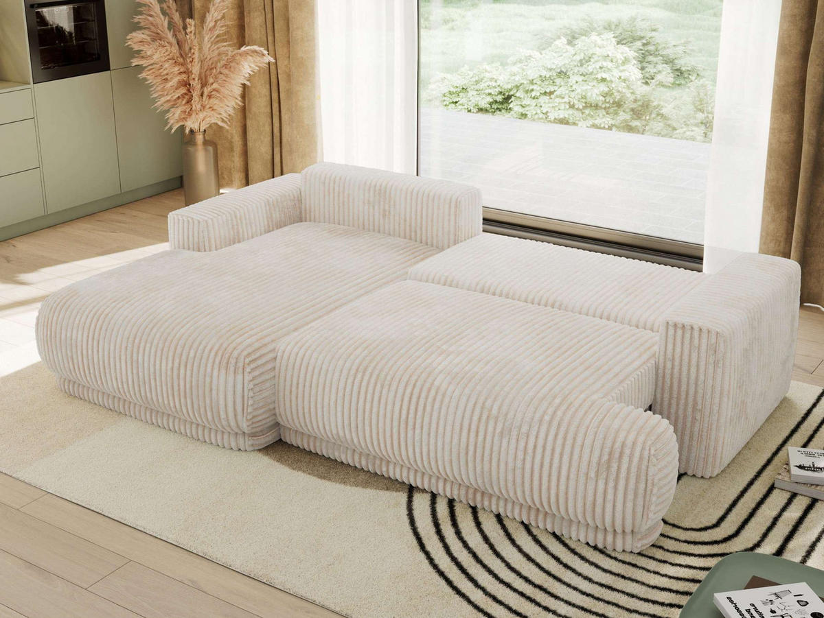 ECKSCHLAFSOFA RINA L Beige Cord - links - Beige/Schwarz, Kunststoff/Textil (267/170cm) - MKS