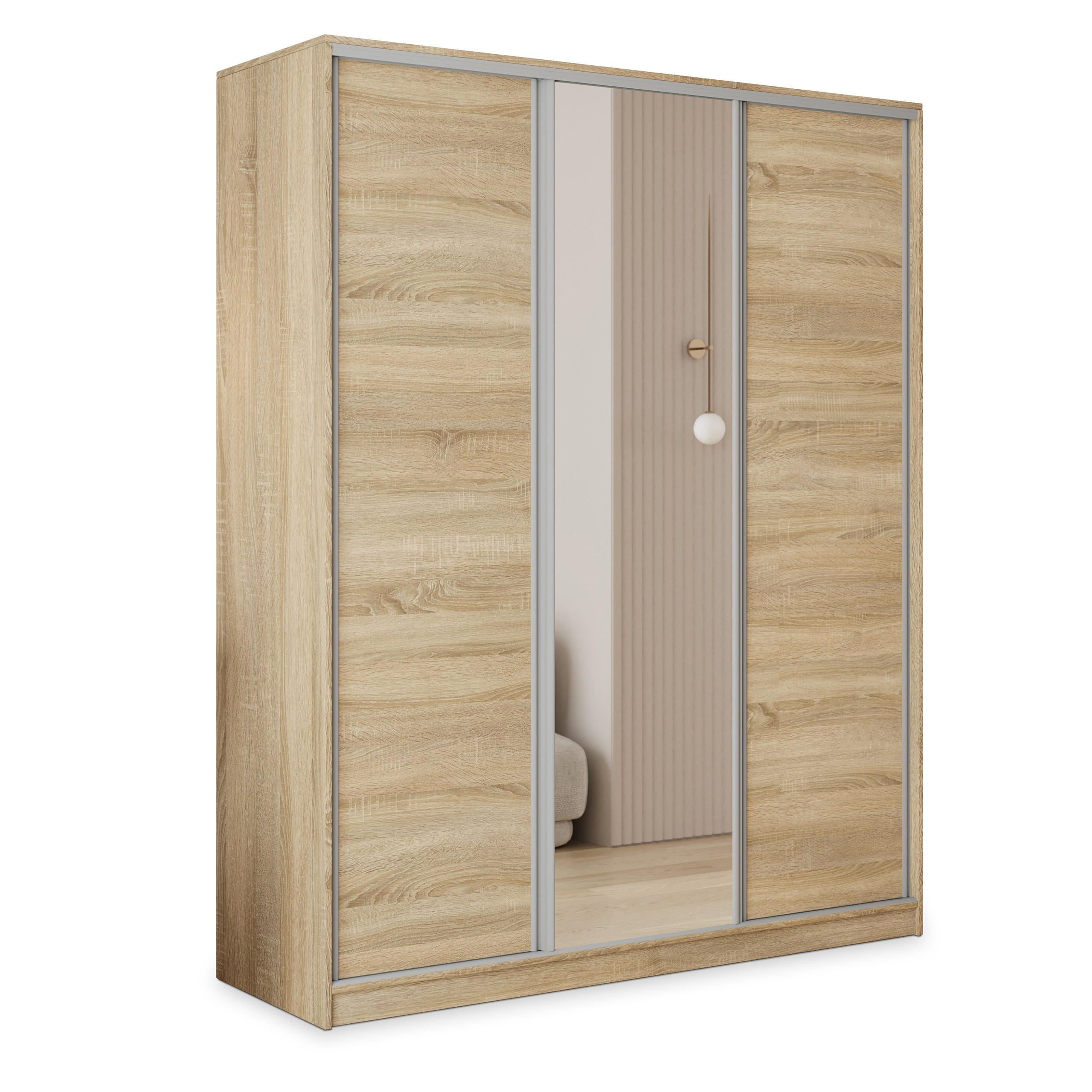 SCHWEBETÜRENSCHRANK TARI 160/205/58 cm 3-türig mit Spiegel und 4 Schubladen Sonoma Eiche - Sonoma Eiche, Holzwerkstoff (160/205/58cm) - MASSENO