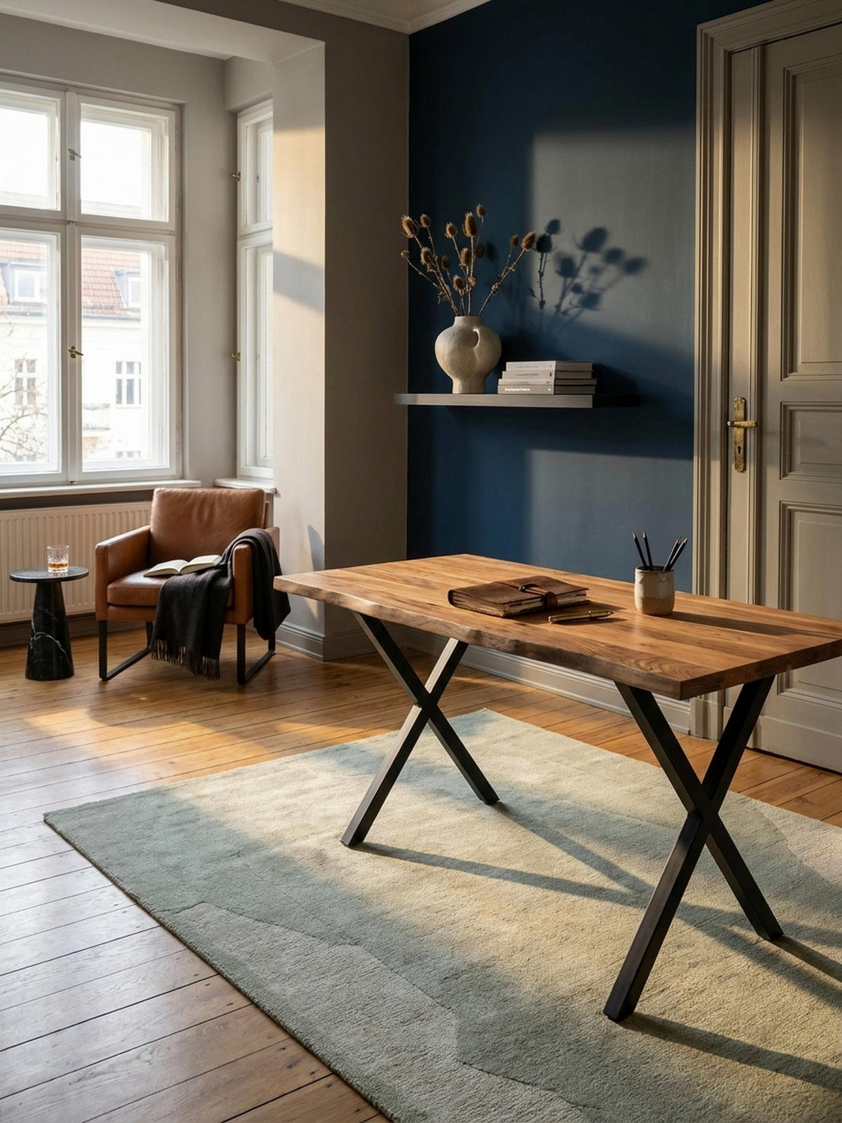 SCHREIBTISCH Massivholz X-Gestell Baumkante Handgefertigt KRETA, Goldbraun-Schwarz 120x60x76 cm - Schwarz/Braun, Holz/Metall (120/60/76cm) - KADIMA DESIGN