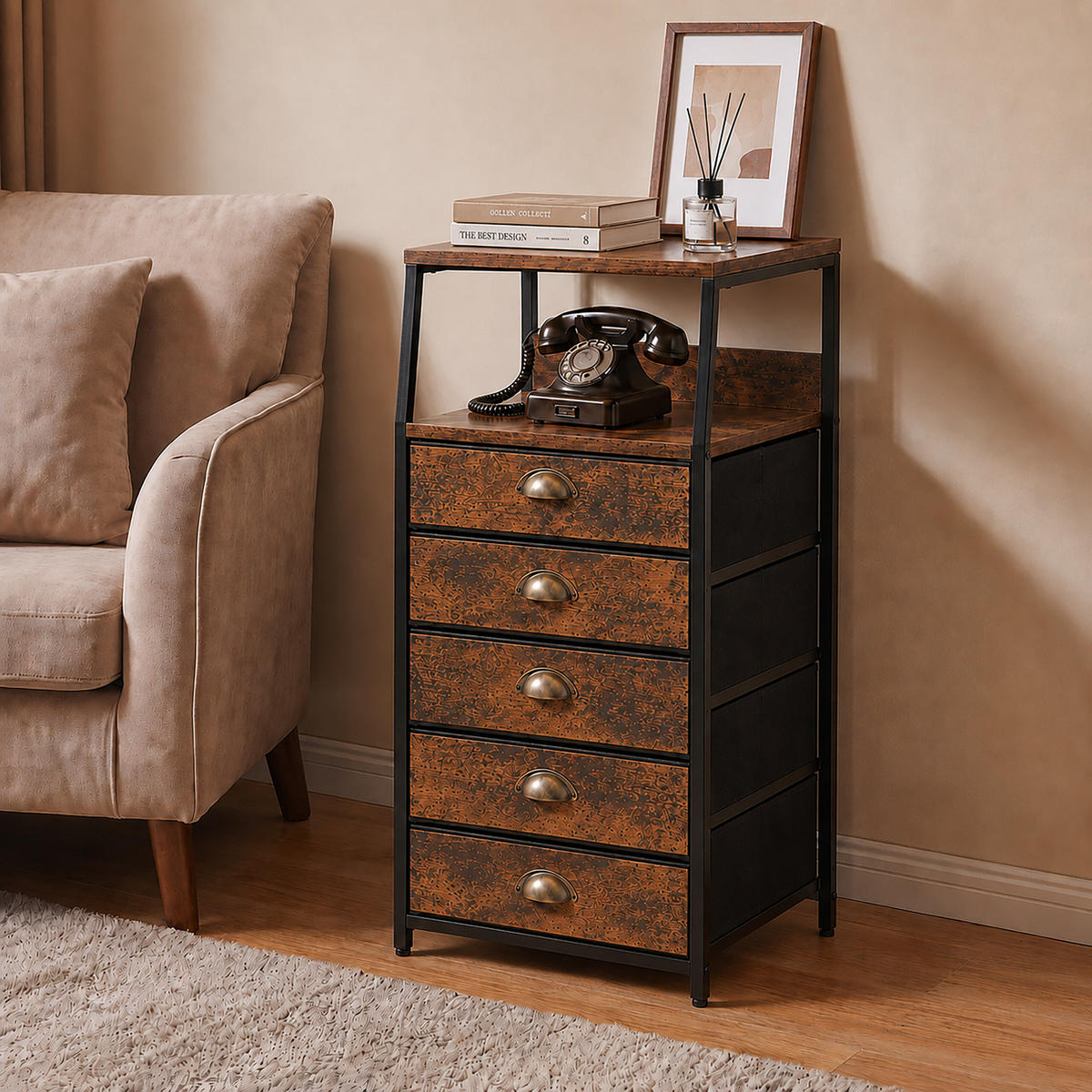 KOMODA vintage smeđa crna 5 ladica 110x40x29 cm - smeđa, drvni materijal/metal (40/110/29cm) - Relaxdays