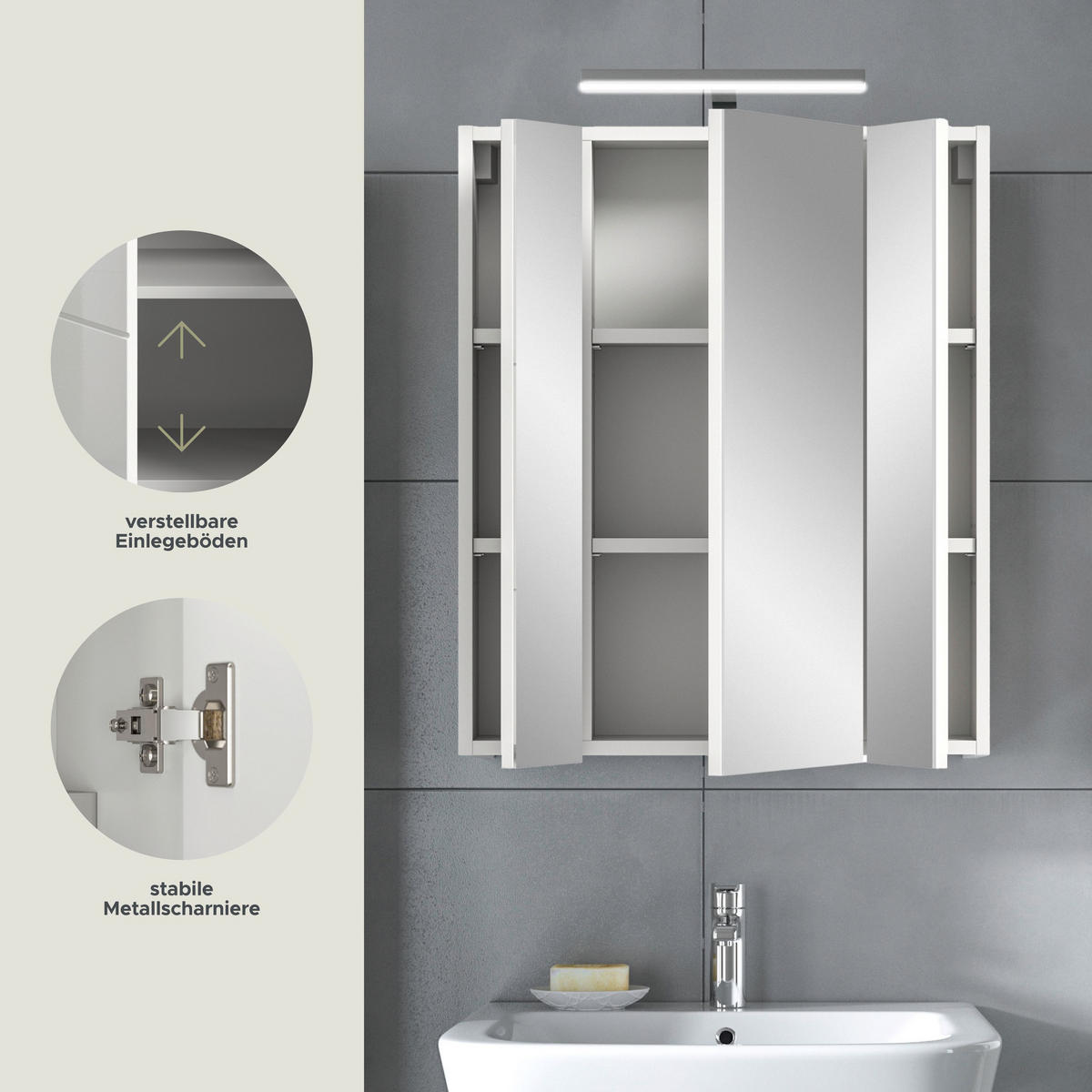 SPIEGELSCHRANK inkl. Beleuchtung LINUS (B/H/T: ca. 60/71/19 cm) in Weiß/Spiegelglas - Weiß, Holzwerkstoff (60/71/19cm)