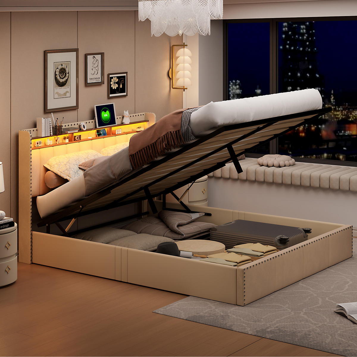 POLSTERBETT 140x200 cm LED Stauraum Kopfteil Lattenrost Samt beige - Beige, Holz (140/200cm) - LEBENLANG