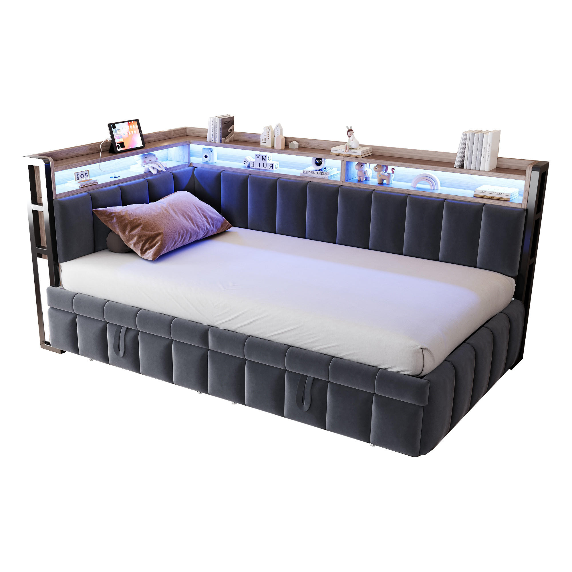 ROZKLÁDACÍ POHOVKA 90 × 200 cm / 90 × 190 cm v tmavě šedém sametu s výsuvným lůžkem, LED osvětlením a USB - tmavě šedá, kov/kompozitní dřevo (90/200cm) - WISHDOR