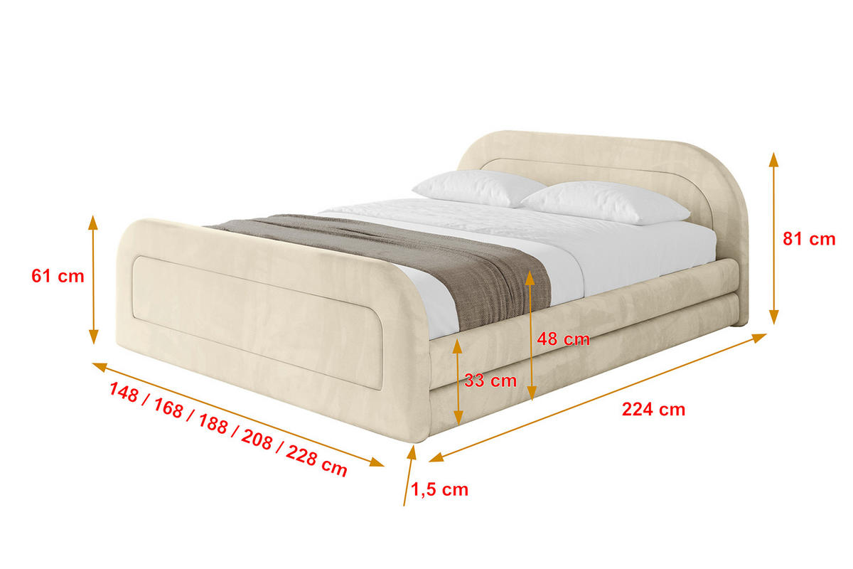 POLSTERBETT mit Bettkasten, Fußteil und Lattenrost, Boxbett mit Matratze H3/H4 - LERIS-v1-Z 160x200 Beige - Ecru, Holzwerkstoff/Textil (160/200cm) - ALTDECOR