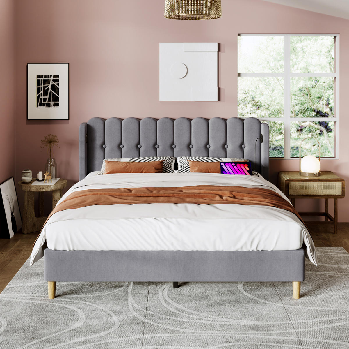 BETT mit USB und Typ-C 160x200 cm Leinen Grey - Grau, Metall (160/200cm) - Meubliv