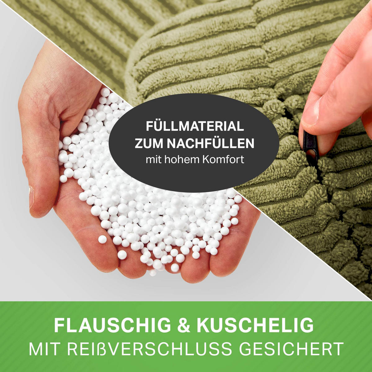 LOUNGE-SITZSACK Cozy + Fußhocker - Grün, Textil (80/90/90cm) - Green Bean
