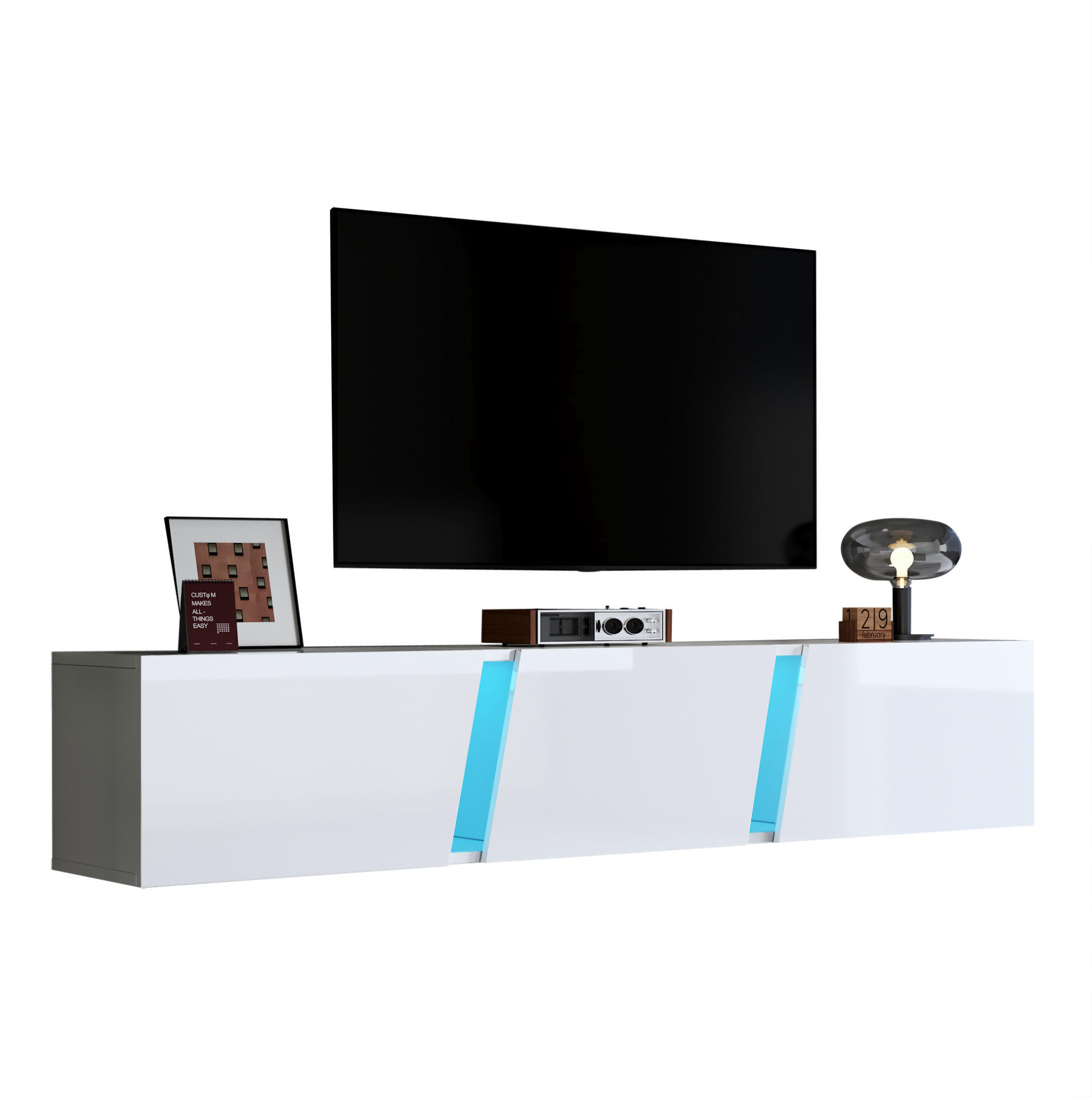 LOWBOARD Wand-TV-Schrank 180/35/30 cm aus Spanplatte mit LED-Beleuchtung und Hochglanzfront Weiß - Weiß, Holzwerkstoff (180/30/35cm) - Modenvie