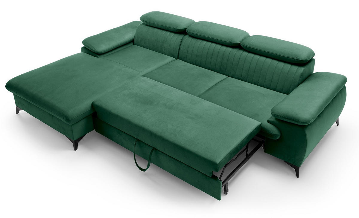 ECKSOFA 280 cm Xanto M, Schlaffunktion, verstellbaren Kopfstützen, Links, Grün - Grün, Holz (280/193cm) - Emporius