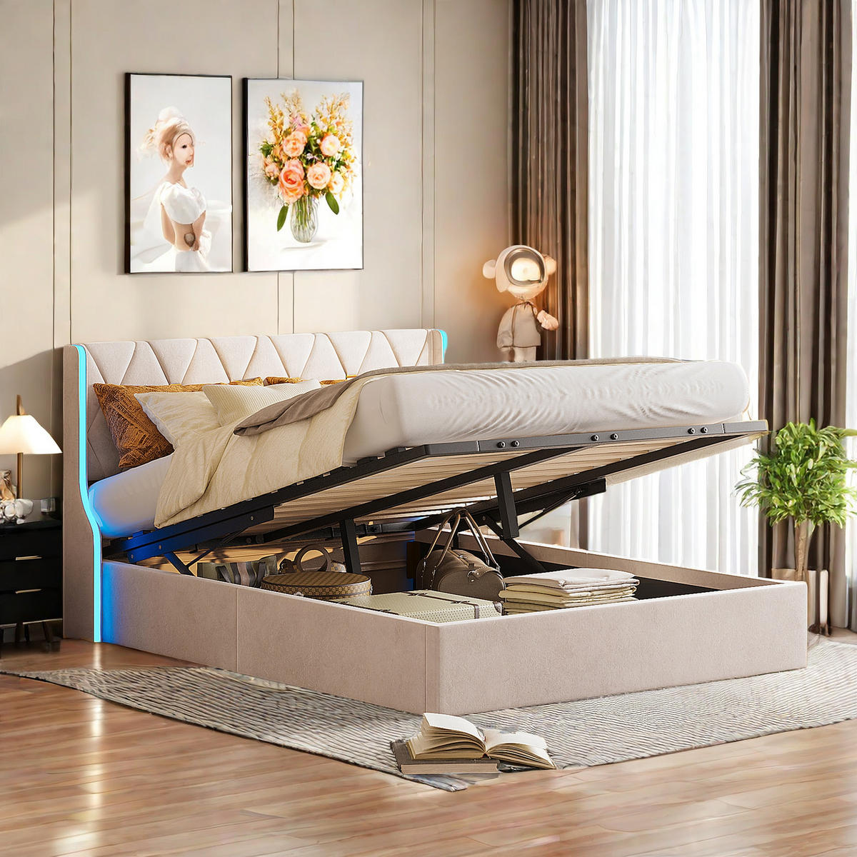 POLSTERBETT 140x200 Beige Samt LED - Beige, Holzwerkstoff (140/200cm) - SHOPENTRA