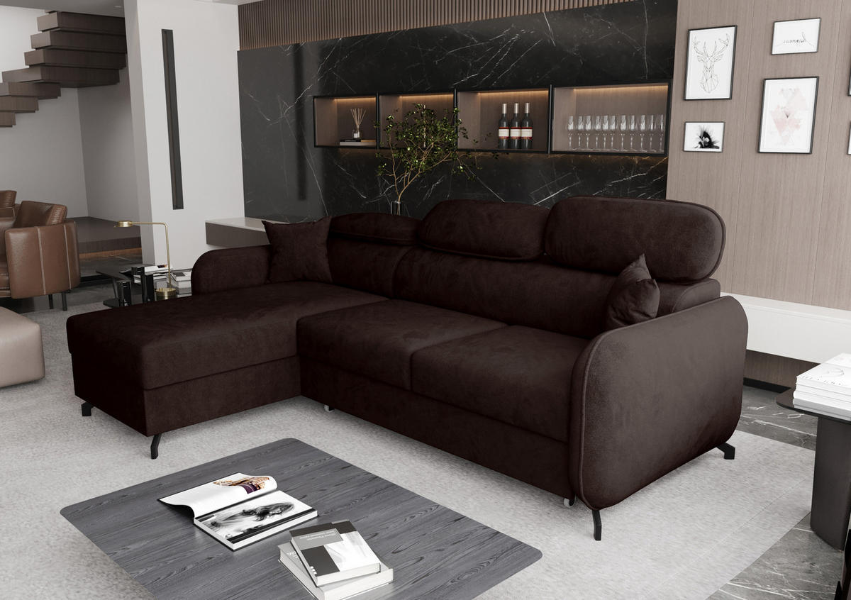 ECKSOFA L Form Ribella 5 Schokobraun 265/180/100 cm Links mit Schlaffunktion - Schwarz/Braun, Textil/Metall (180/265cm) - AX Living