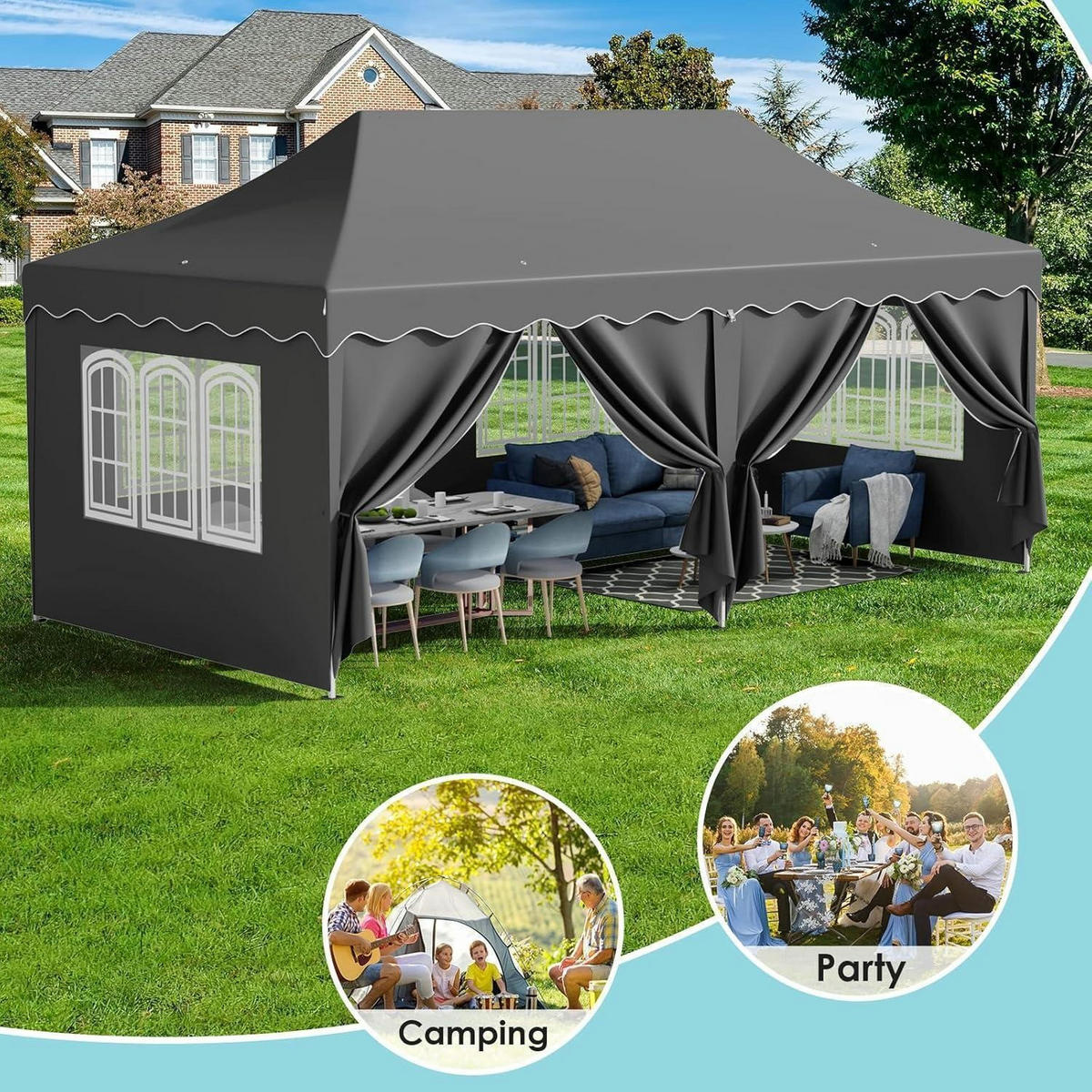 FALTPAVILLON 3x6 m Grau Wasserdicht mit 6 Seitenwänden, winterfest - Grau, Textil (300/310/600cm)