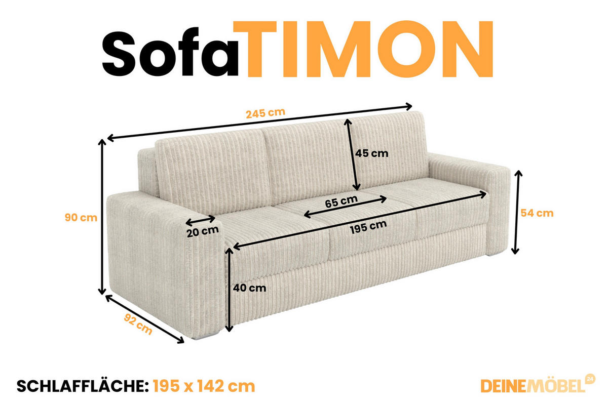 SOFA TIMON 245cm breit in Cord Ecru - Ecru, Holz/Holzwerkstoff (245/90/92cm) - Deine Möbel 24