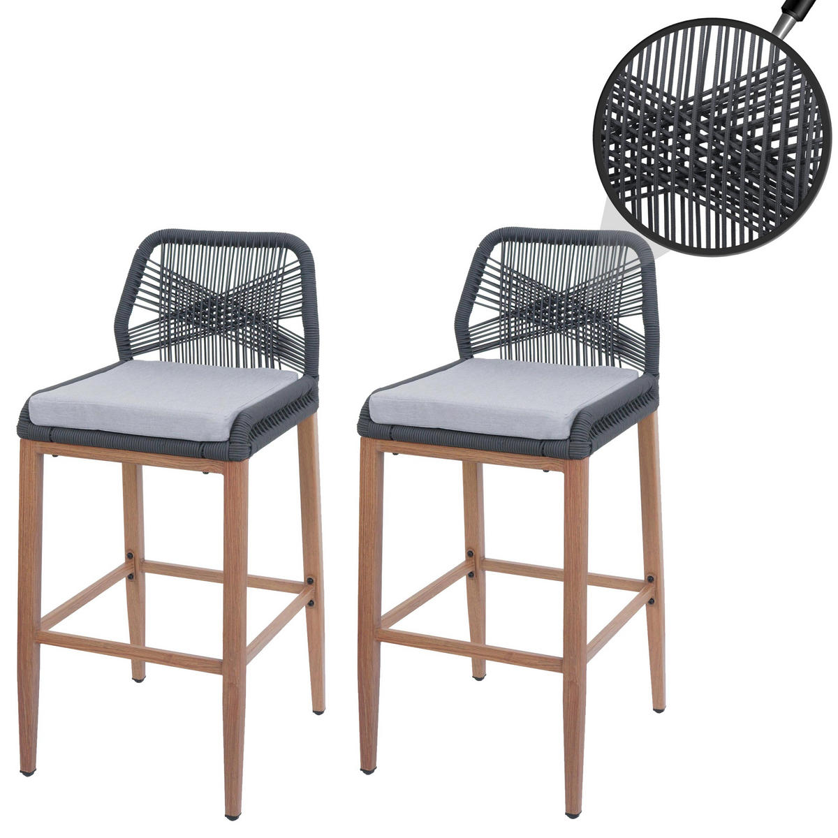 GARTENSTUHL 2er-Set HxBxT 101x45x50cm Sitzhöhe 76cm Anthrazit Kissen Hellgrau Seilgeflecht Metall Holz-Optik - Anthrazit, Metall (45/101/50cm) - PROREGAL