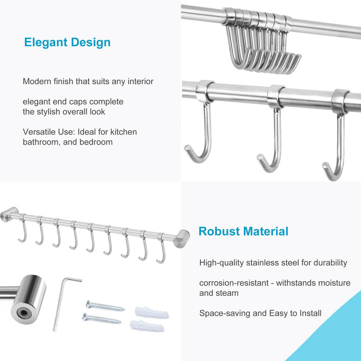 KÜCHEN HÄNGELEISTE mit 9 Haken - Silberfarben, Metall (3.4/2.2/49.8cm) - Intirilife
