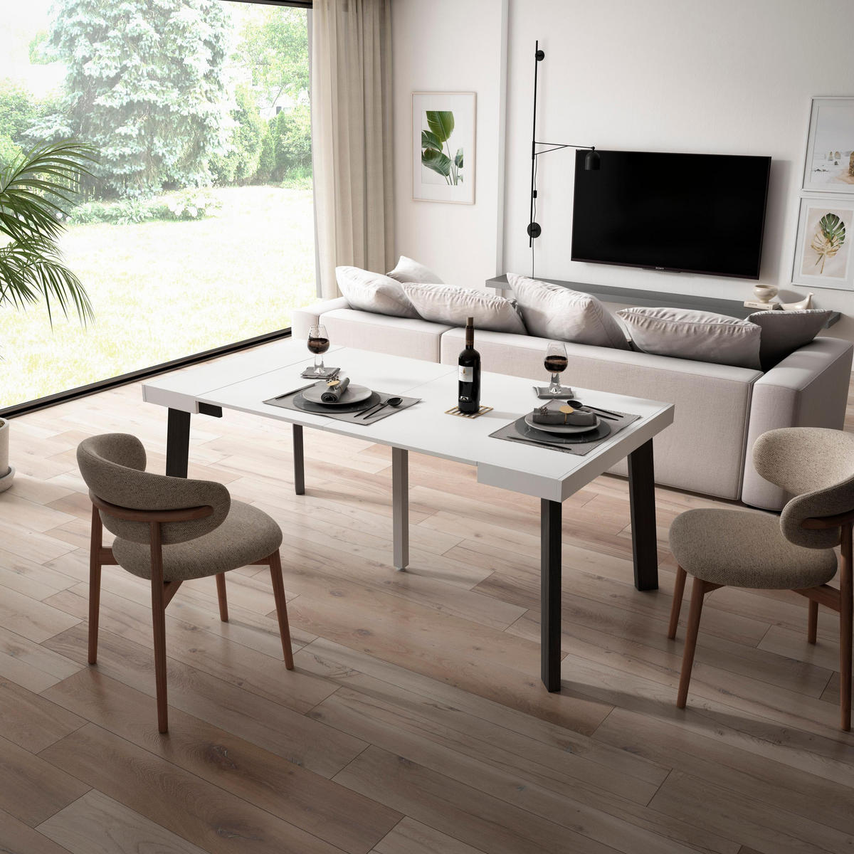 KONSOLENTISCH ausziehbar 58 bis 180cm, für 8 Gäste, weiß schwarz, 90/58/73cm - Schwarz/Weiß, Holzwerkstoff (90/180/73cm) - Skraut Home