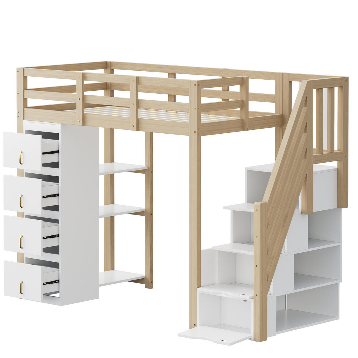 HOCHBETT 90/200 cm mit 4 Schubladen, 3-stufigem Regal und Sicherheitsleiter aus Holzwerkstoff, Natur Holzwerkstoff - Weiß, Holzwerkstoff (90/200cm) - Redom