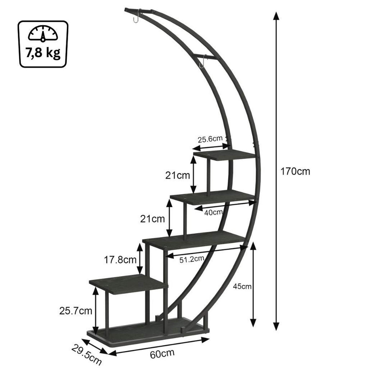 DANDIBO Blumenregal indoor 170 cm Hoch Metall Schwarz Halbrund 96585 Blumentreppe Groß Rund Pflanzenständer Modern Design - Schwarz, Metall (95/170/30cm) - DanDiBo