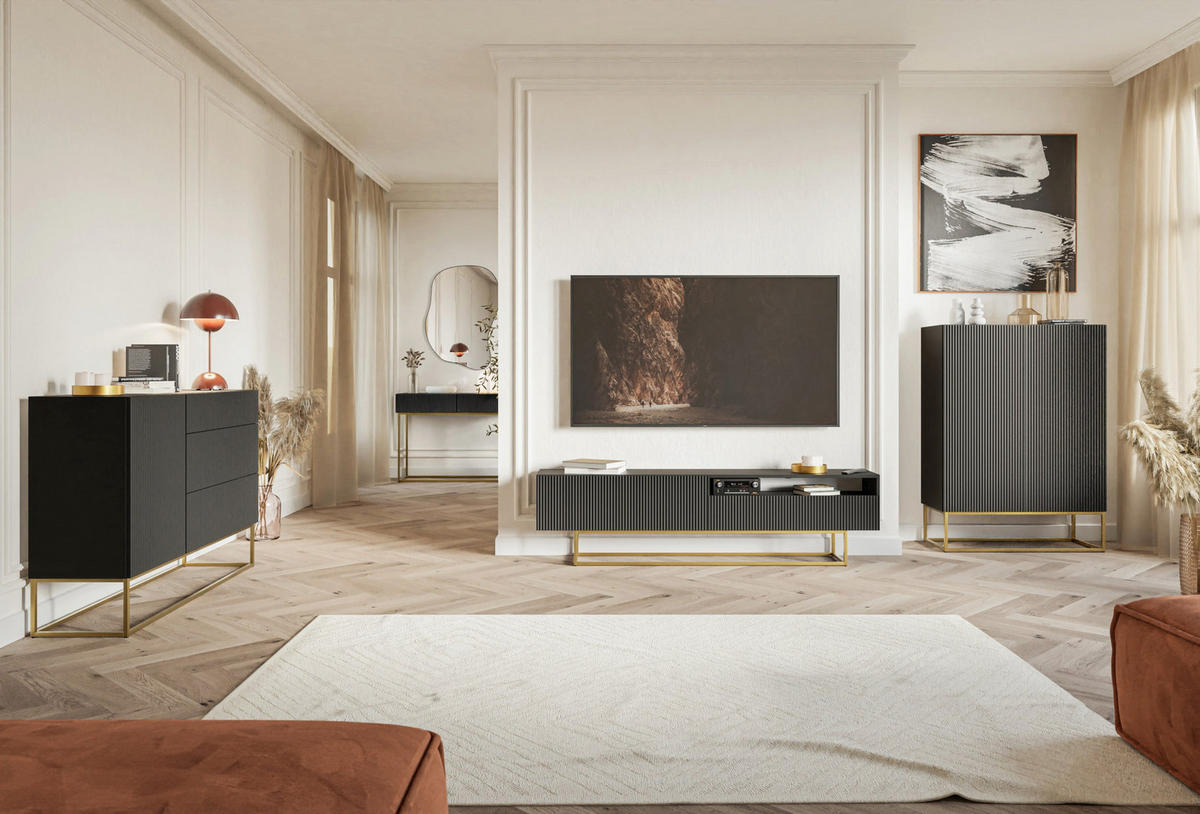 TV stolík Veldio čierny na kovovom podstavci 175 cm - čierna/zlatá, kov/kompozitné drevo (175/46.5/31.6cm) - Selsey