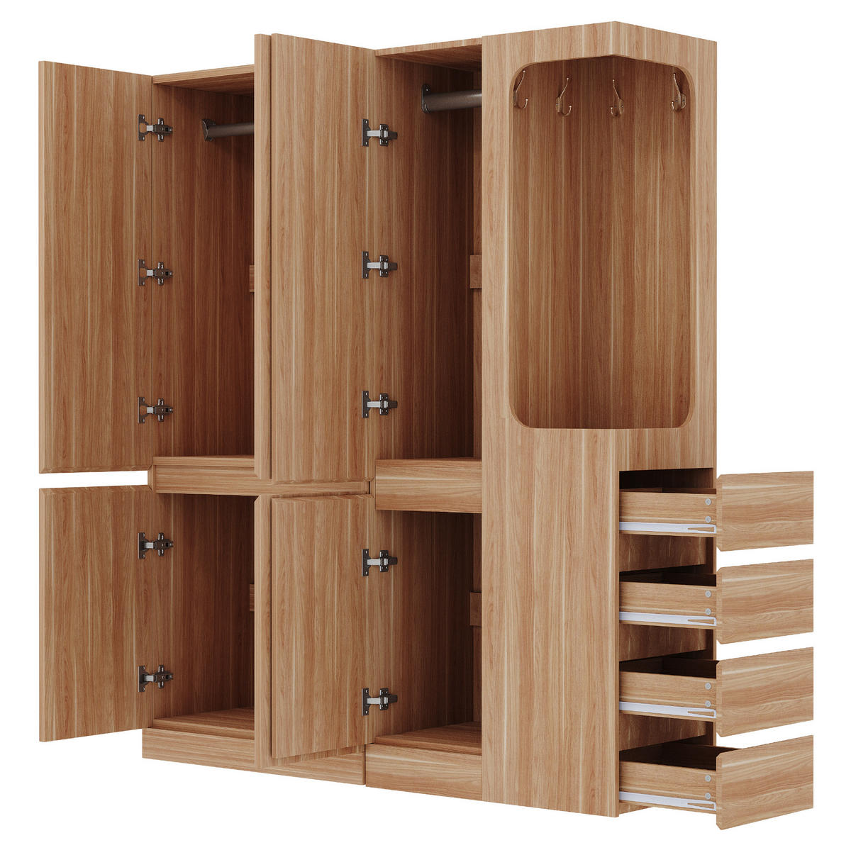 KLEIDERSCHRANK aus Kiefernholz, Sperrholz und MDF 162,5x40x170 cm Holzfarbe mit Schubladen, Staufächern und offenem Hängebereich - Nussbaumfarben, Holzwerkstoff (162.5/170/40cm) - Modfu