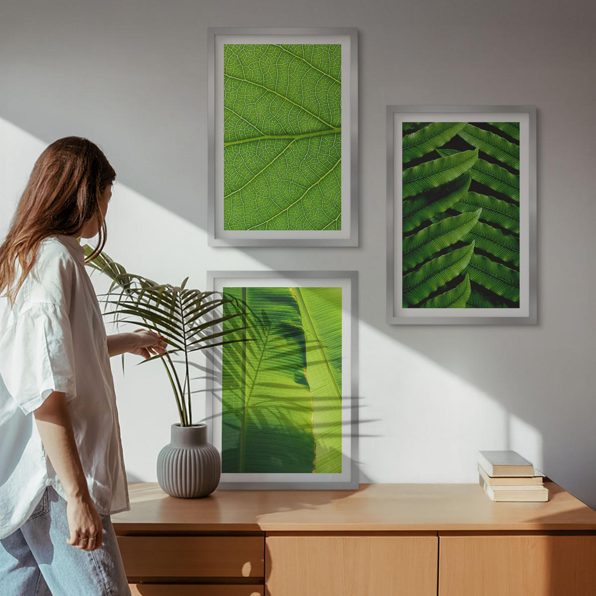 BILDER SET 3er Set - 40x60 cm Silberner Rahmen - Makrofotografie von tropischen Blättern - Silberfarben, Kunststoff (40/60cm) - TULUP