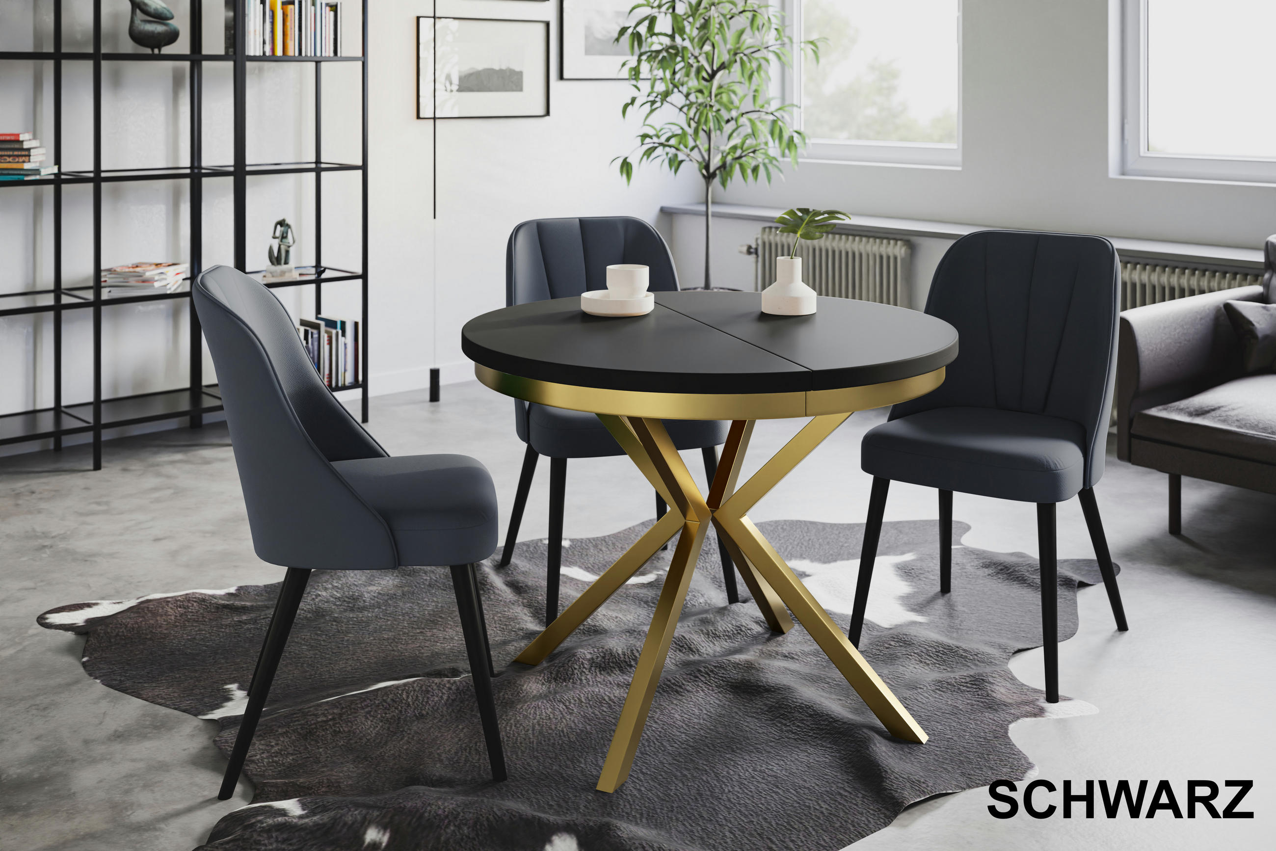 ESSZIMMERTISCH BERGO, ausziehbarer Tisch 120 cm/200 cm, Farbe: Schwarz, mit Metallbeinen in Farbe Gold - Goldfarben/Schwarz, Holzwerkstoff (120/120/76cm) - Alpi-Möbel