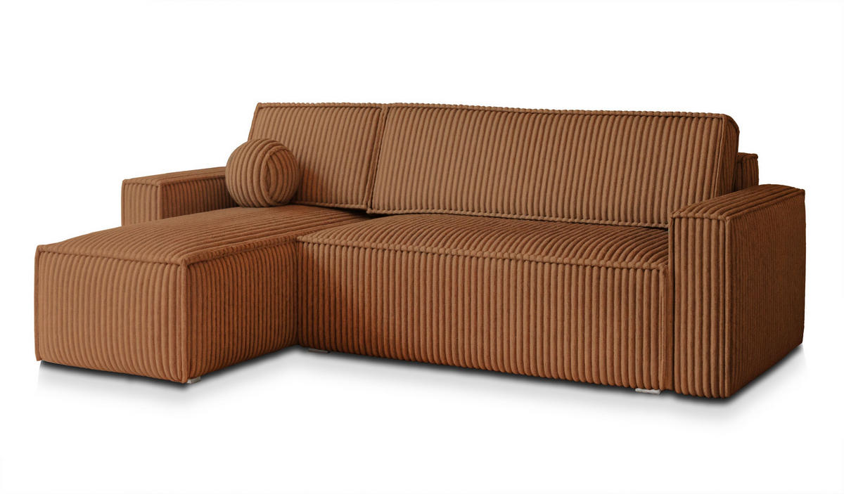 ECKSOFA RAVELO T Kupferfarben Kordstoff mit Schlaffunktion - Kupferfarben, Holz (240/140cm) - MASSENO