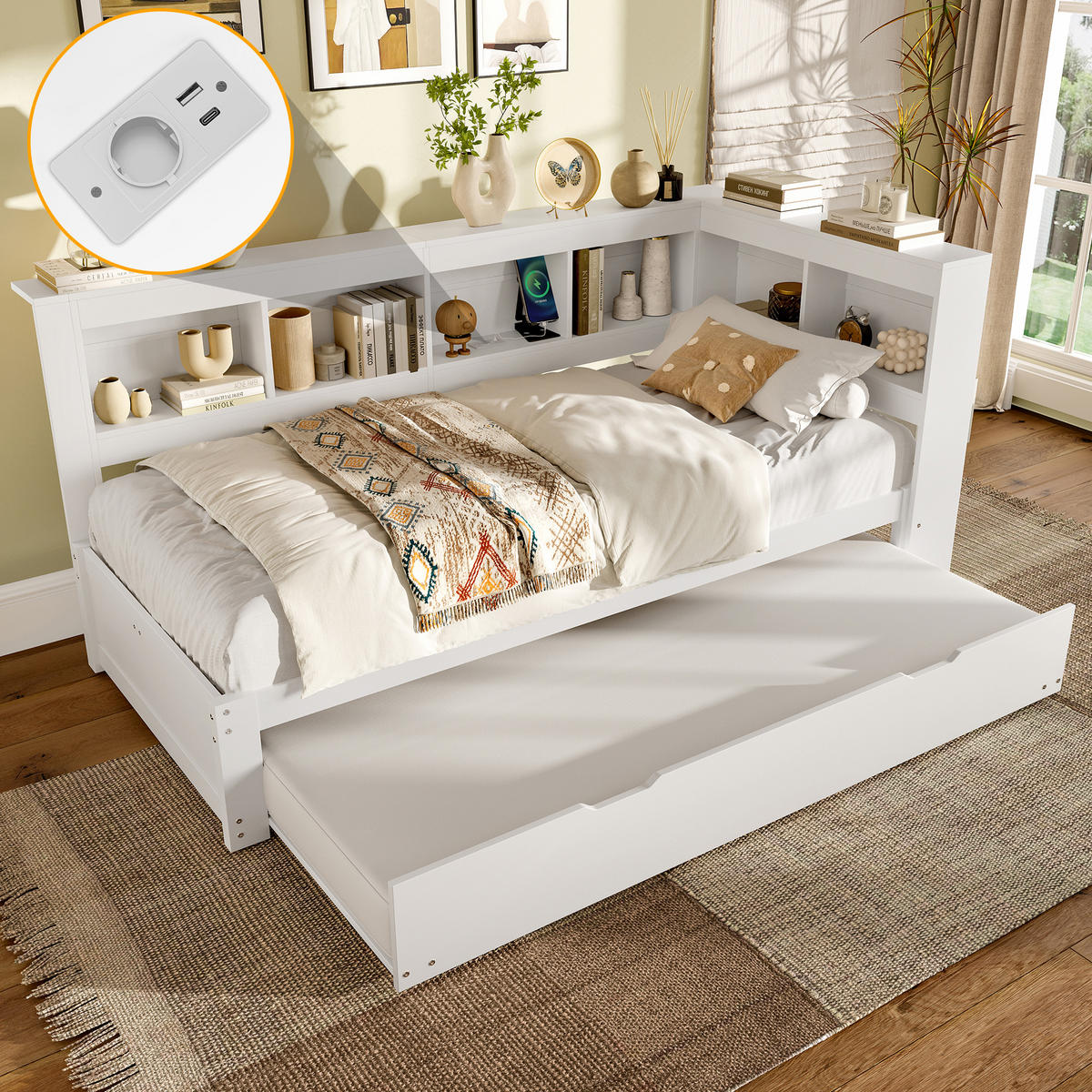 TAGEBETT 90x200cm Weiß Spanplatte Ausziehbett Steckdose USB - Weiß, Holz (90/200cm) - FLIEKS