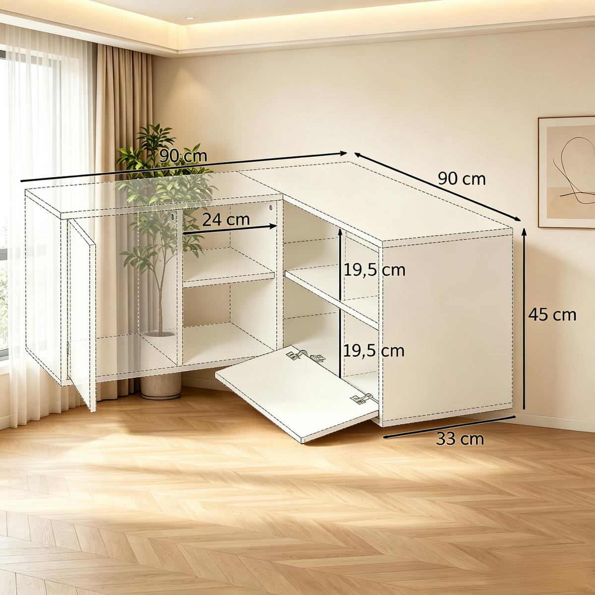 TV-SCHRANK DE-40512 L-förmig mit 2 Türen und 3 offenen Fächern Hellholz/Weiß - Weiß, Holzwerkstoff (90/45/90cm) - ComfortXL