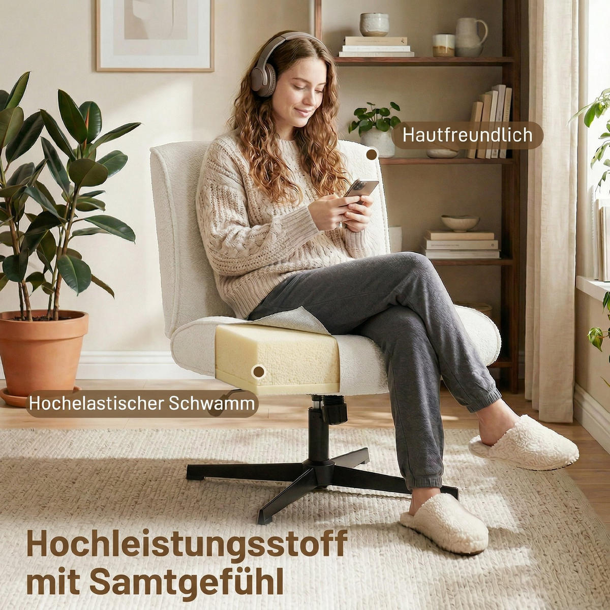SESSEL Polyester Cremeweiß - Creme/Schwarz, Textil/Metall (63/90/75cm) - HOMCOM