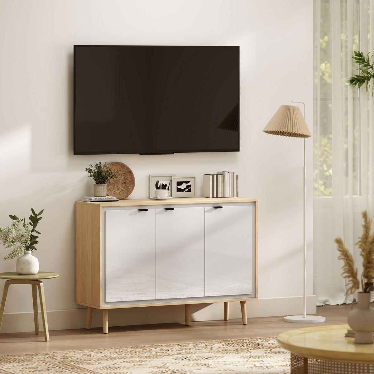 SIDEBOARD DE-11236 3 Türen & verstellbare Böden Weiß/Eiche - Weiß, Holzwerkstoff (107/77/35cm) - ComfortXL