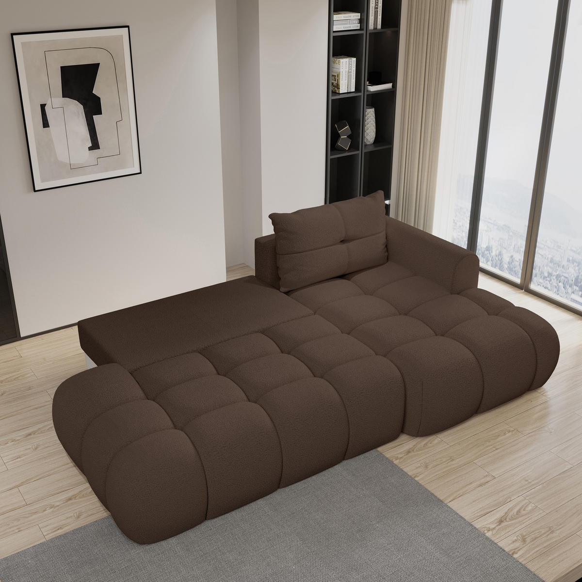 ECKSOFA FLUMA R-S Braun Boucle-Stoff mit Schlaffunktion - Braun, Holz (274/165cm) - MASSENO