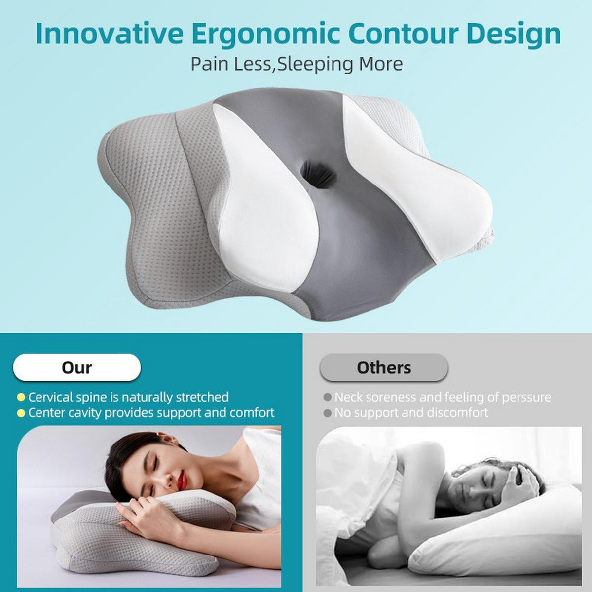 NACKENKISSEN ，Ergonomisches , 60x40x14cm - Grau, Textil (60/40cm)