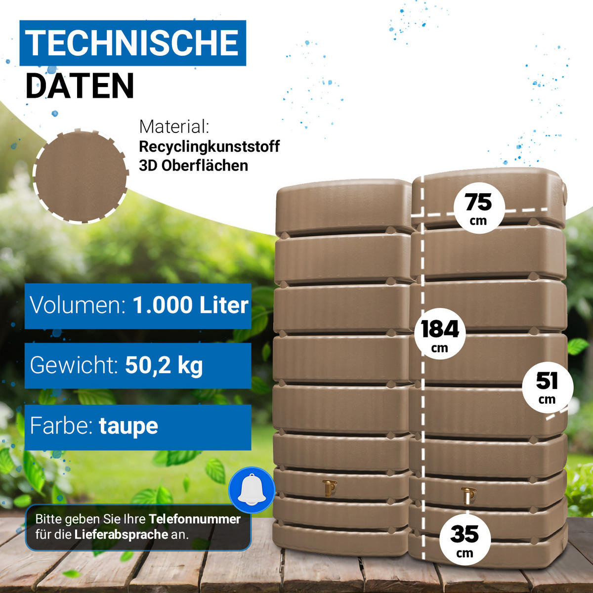 WANDTANK-SET 1000 L taupe 2 x 500 L inkl. Verbindungsset - Beige, Kunststoff (160/184/51cm) - 4rain
