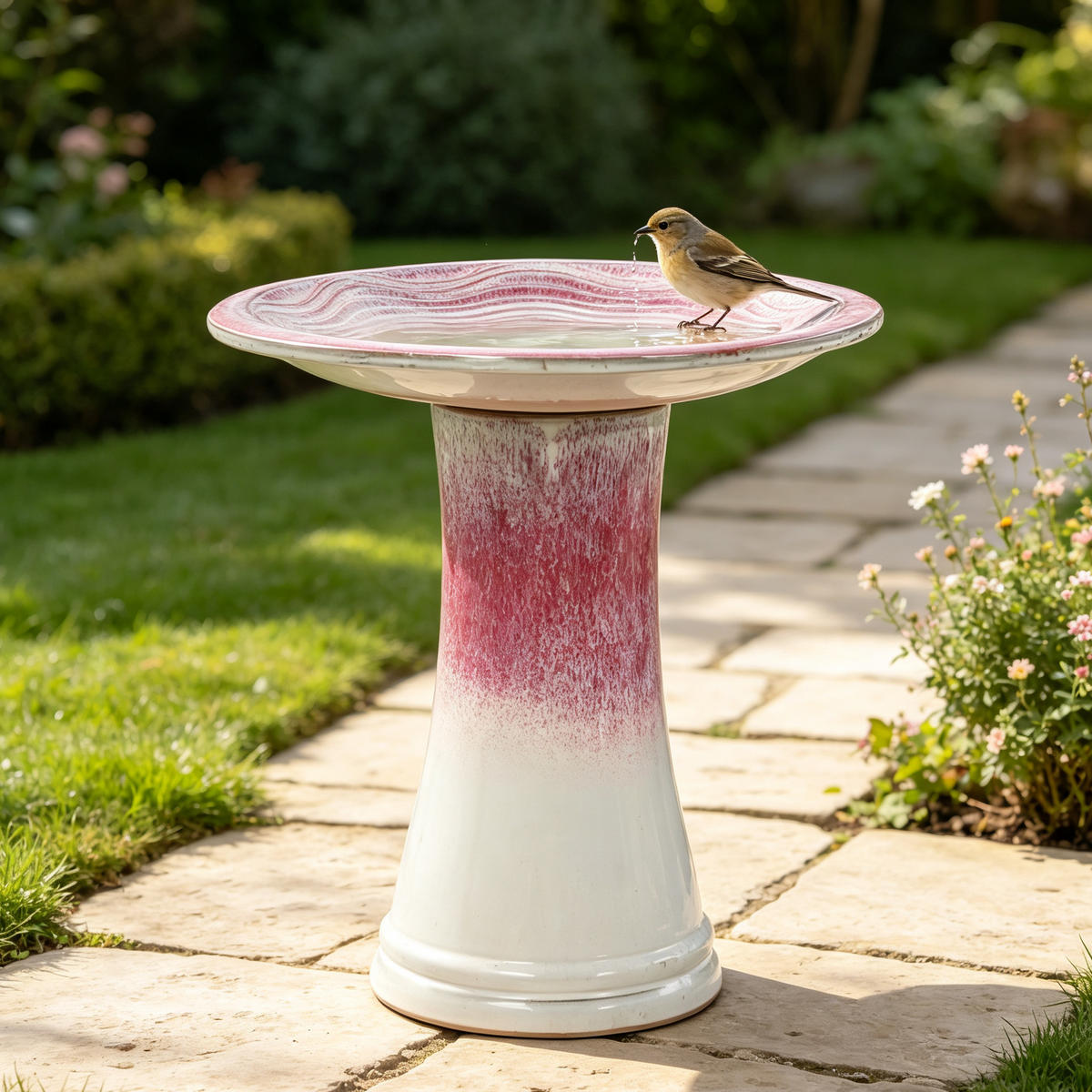 VOGELBAD mit Standfuß, Keramik Ø43/45H cm, Wetterfest, Rosa-Weiß - Pink, Keramik (43/45/43cm) - LVHOM