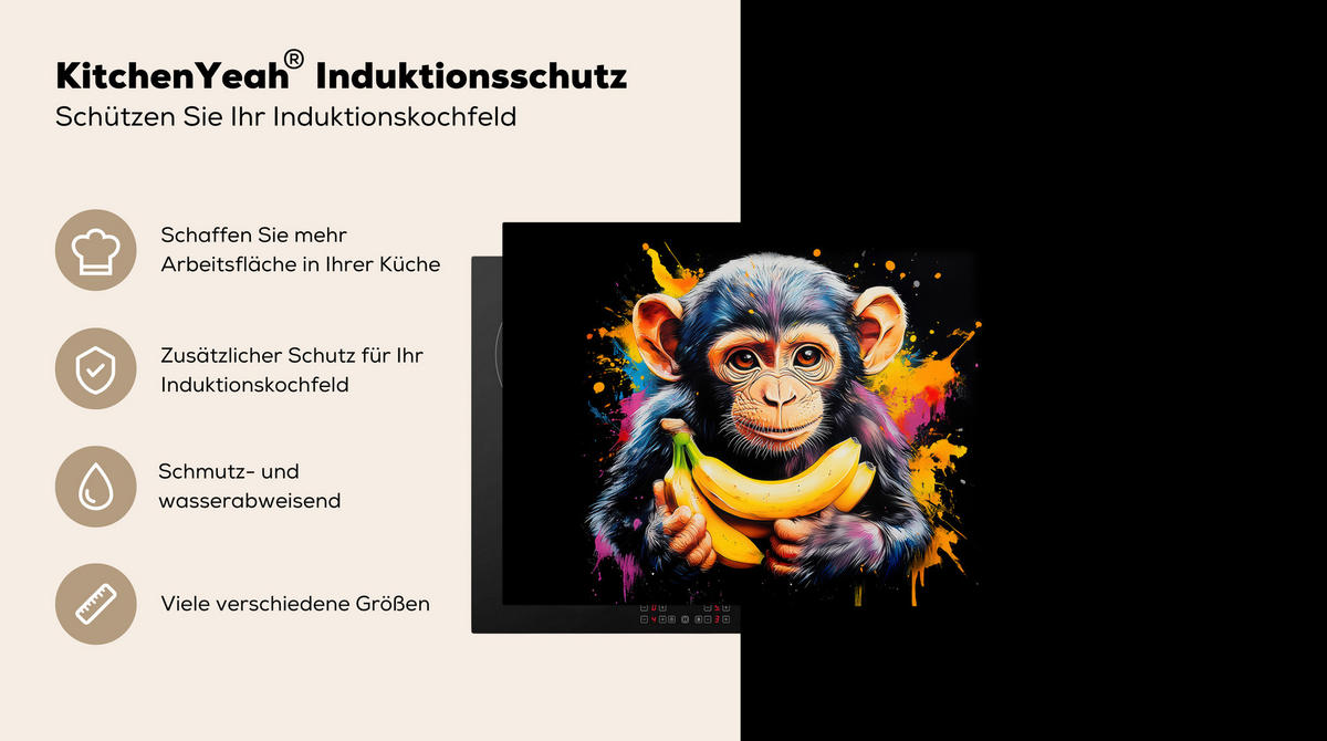 HERDABDECKPLATTE Affe - Graffiti - Farbenfroh - Bananen - Modern 75x52 cm - Gelb, Kunststoff (75/0.2/52cm) - MuchoWow
