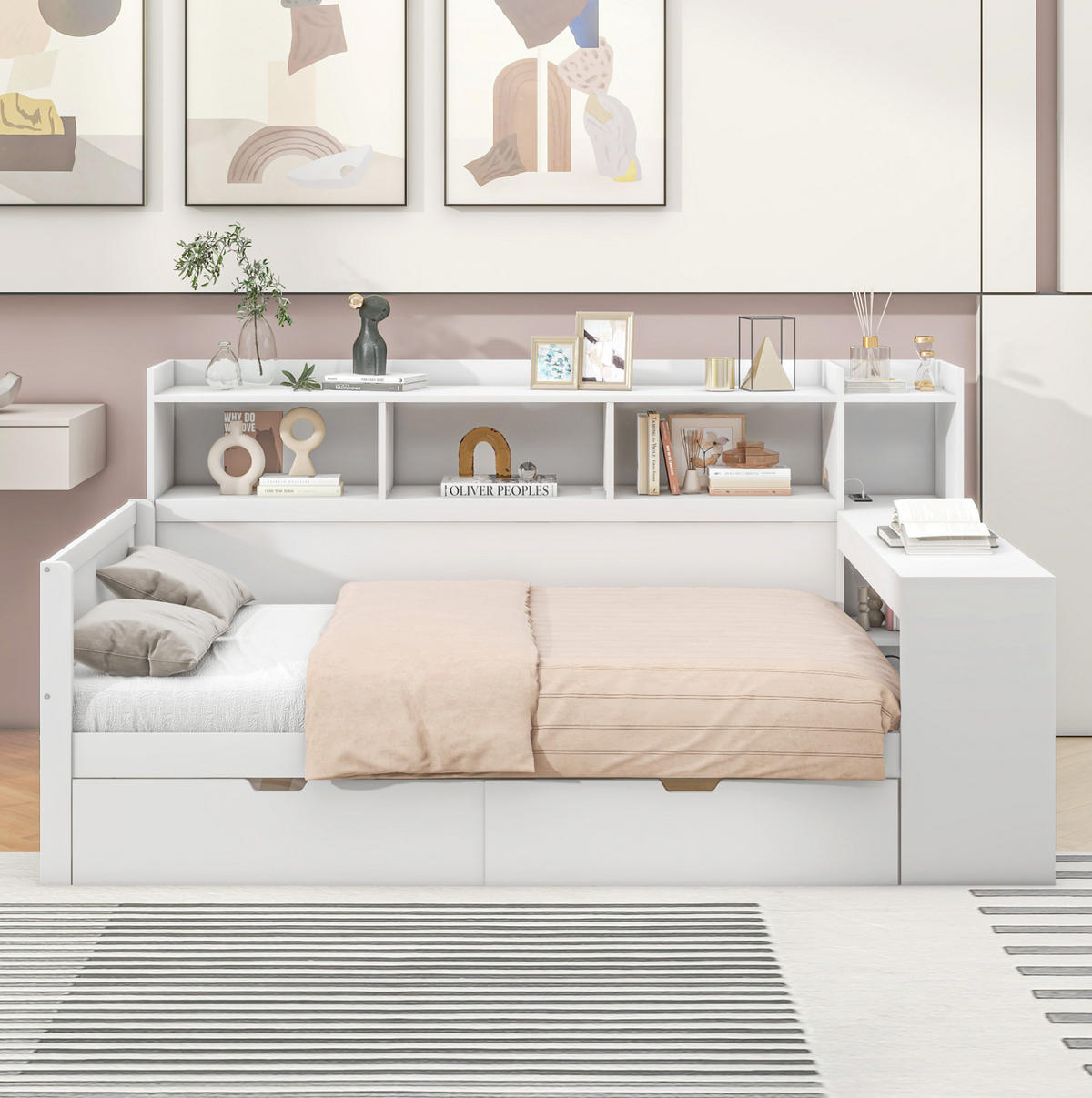 BETT 90/200 cm Weiß aus Spanplatte und MDF mit Schreibtisch, USB-Anschluss und 2 Schubladen - Weiß, Holzwerkstoff (90/200cm) - OKMYHOME