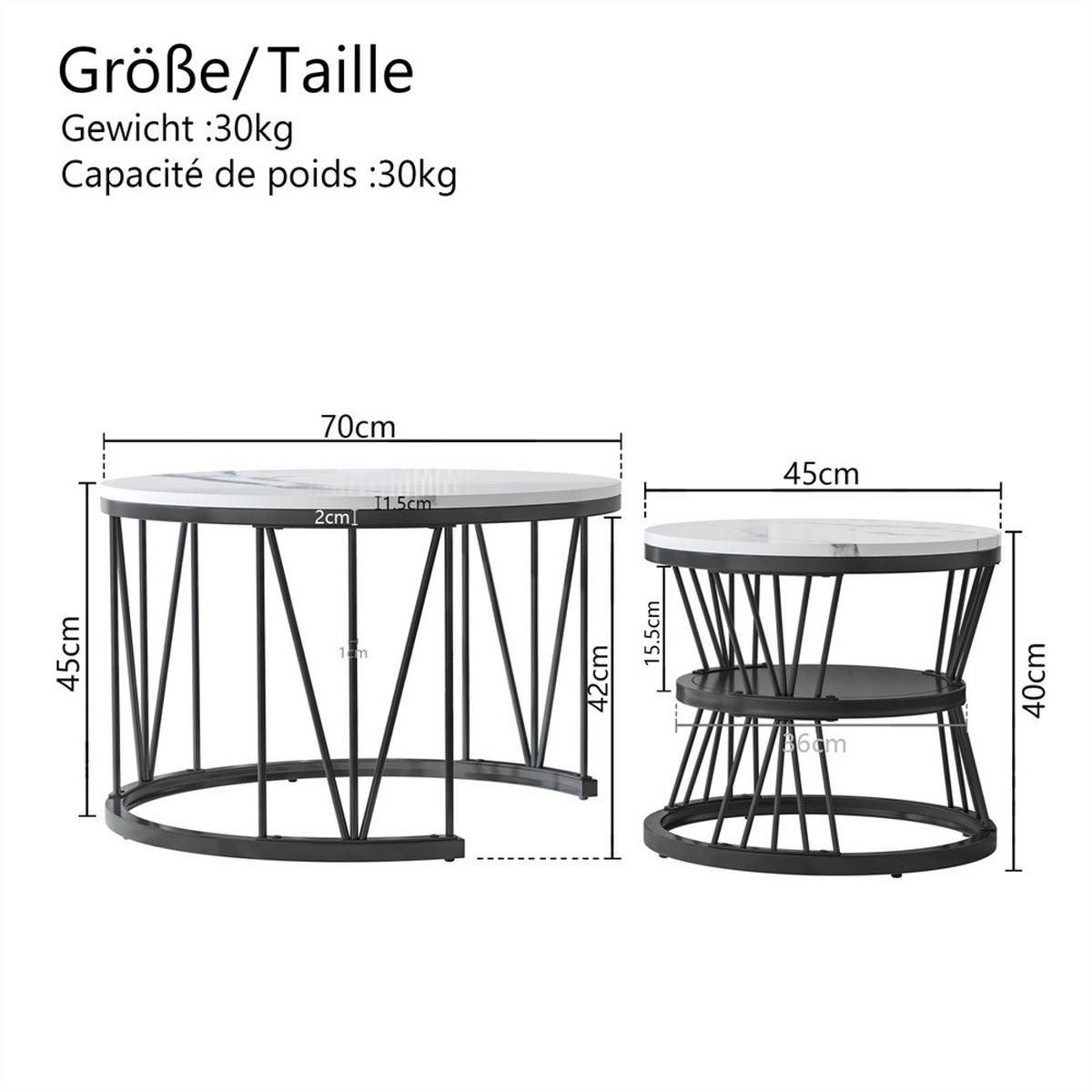 COUCHTISCH 2er-Set - Runder Couchtisch in Marmoroptik mit V-Metallgestell - Weiß und Schwarz - Schwarz, Holzwerkstoff (70/70/45cm) - DELFA