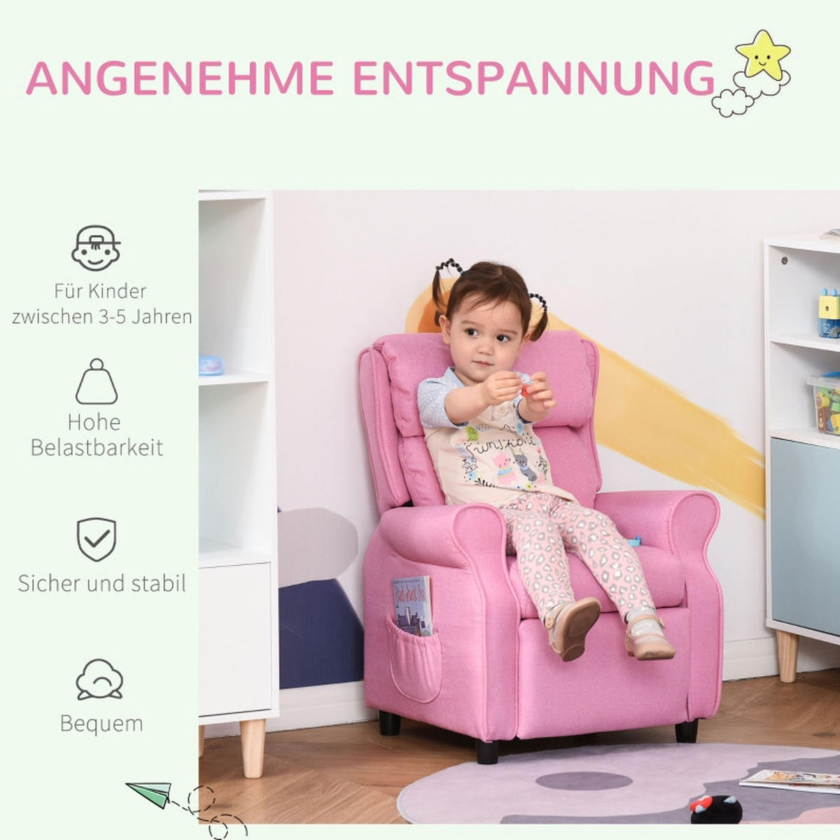 KINDERSOFA mit Fußstütze verstellbare Rückenlehne Rosa - Pink, Holz (53/70/58cm) - BursDany