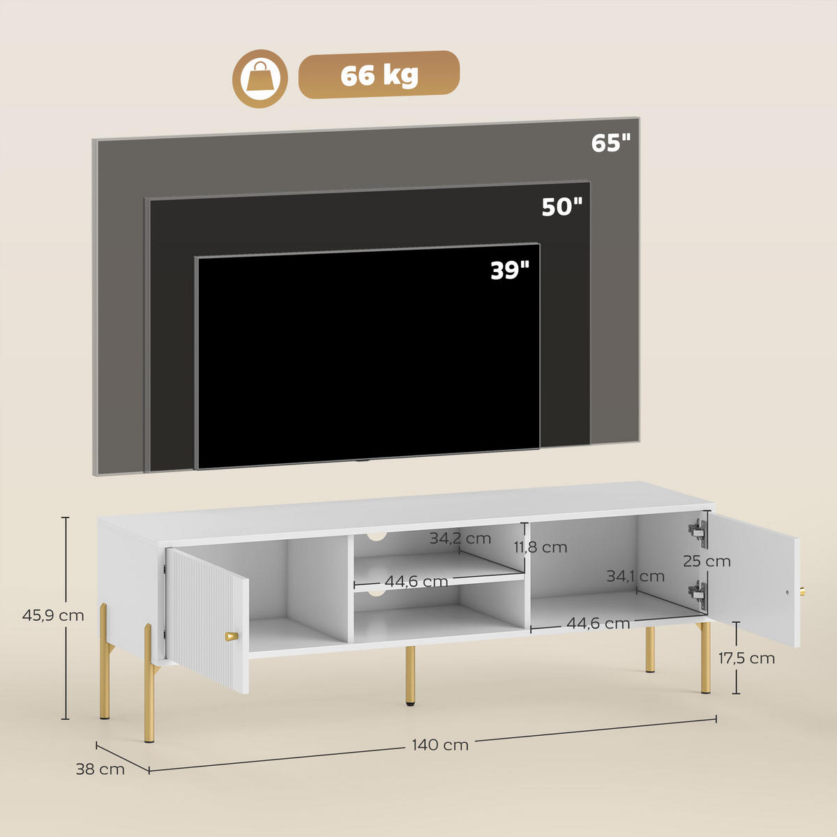 TV-LOWBOARD Weiß/Goldfarben 140/38/45,9 cm, 2 Türen, 2 offene Fächer, Metallfüße - Weiß, Holzwerkstoff (140/45.9/38cm) - PANGIVO