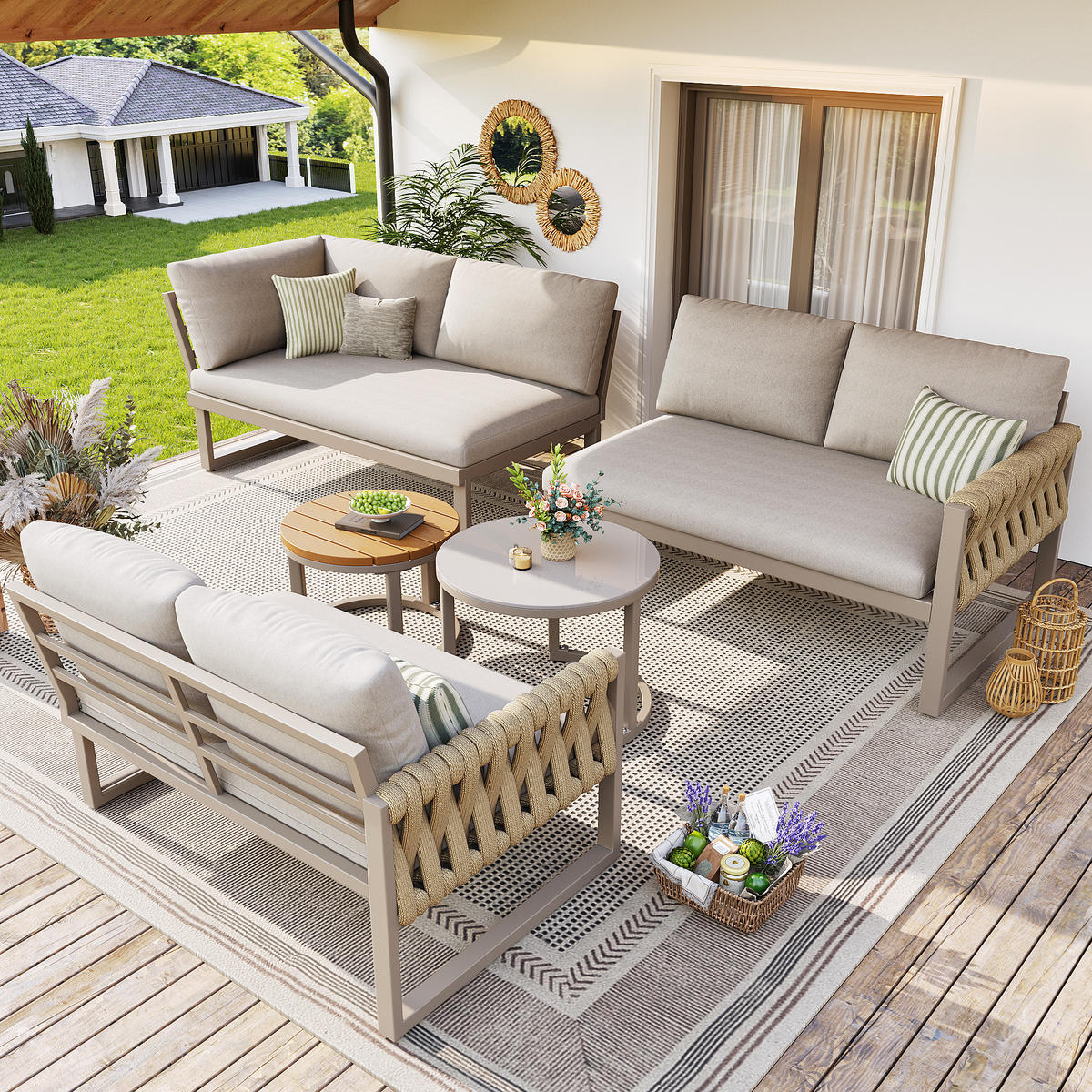 LOUNGESET Modular 5-6 Personen Beige Mit Verstellbaren Füßen - Beige, Metall - FLIEKS