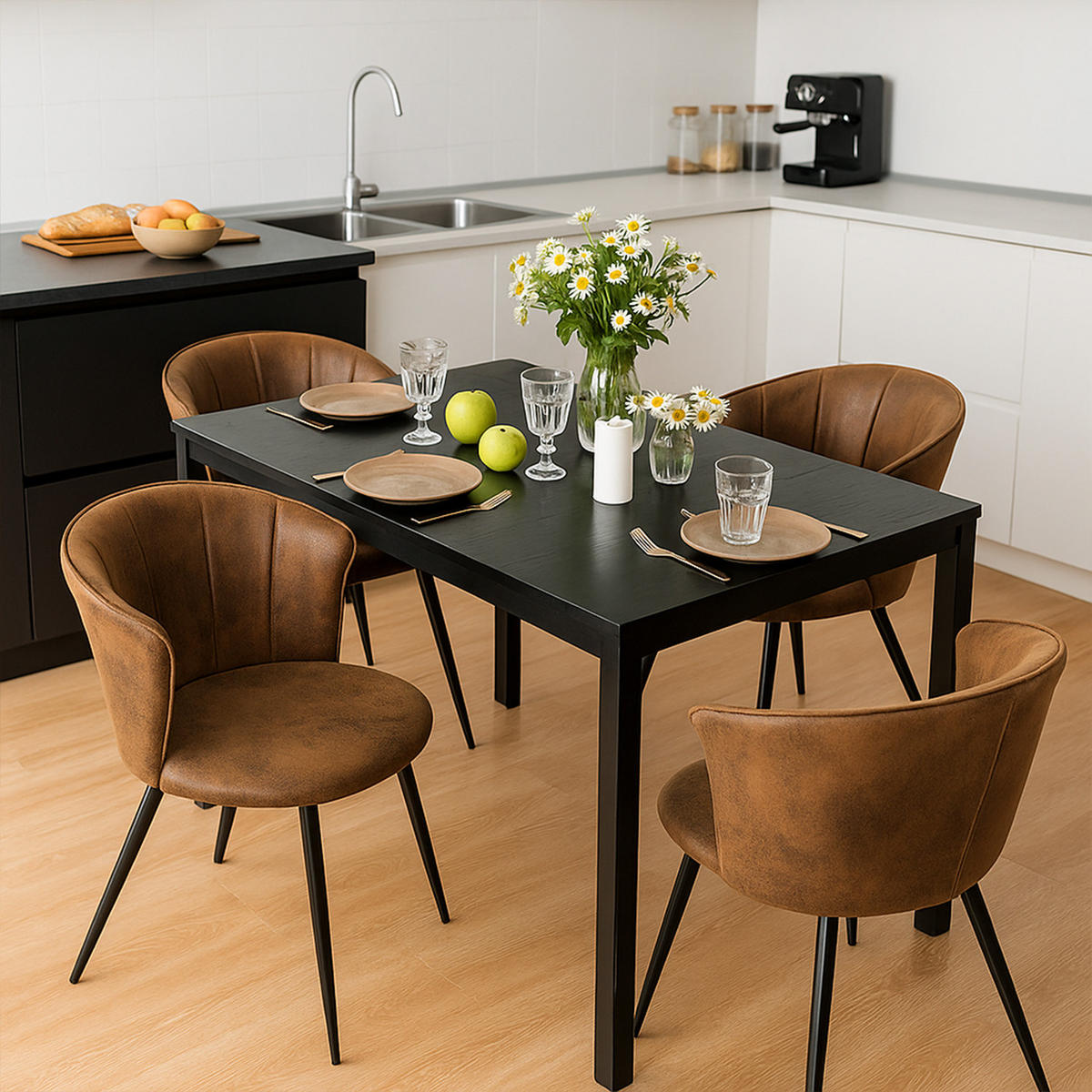 ESSTISCH-SET mit 4 Stühlen, Ausziehbarer Esstisch, Schwarzer Tisch mit 6 Schalensesseln aus Wildlederimitat - Schwarz/Braun, Textil/Metall (53.5/74.5/51cm) - Meubles Cosy