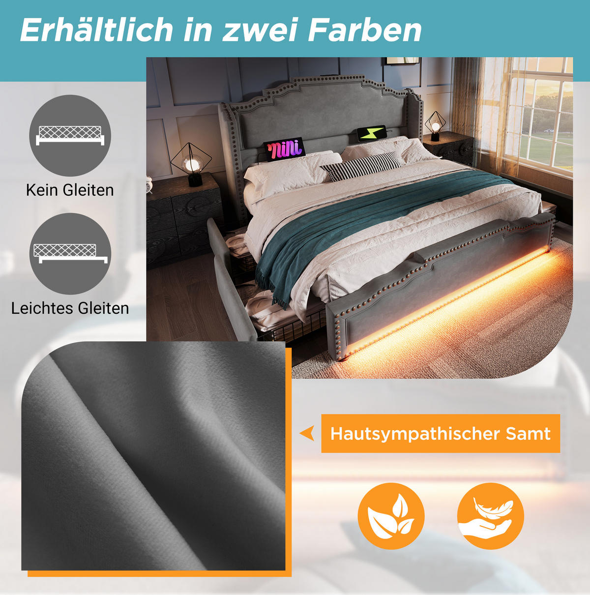 POLSTERBETT 160/200 cm Grau aus Samt mit LED und 4 Schubladen - Grau, Textil (160/200cm) - OKMYHOME