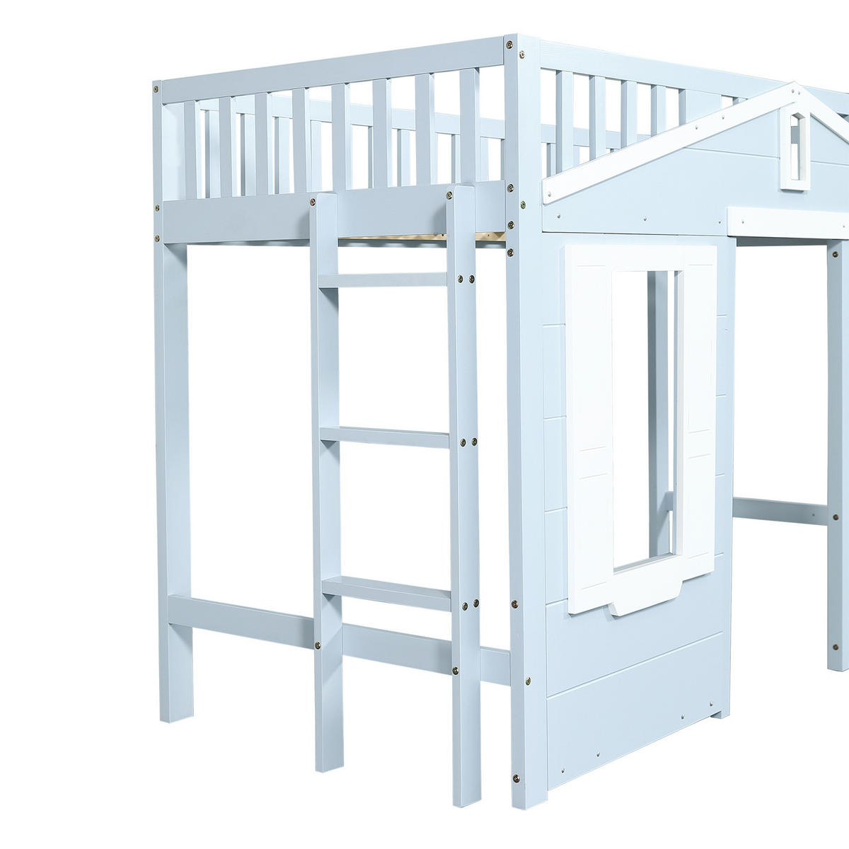 HOCHBETT 90/200 cm in Weiß & Blau mit Fenstergestaltung und flexibel montierbarer Treppe - Blau, Holz/Holzwerkstoff (90/200cm) - CHICFURN