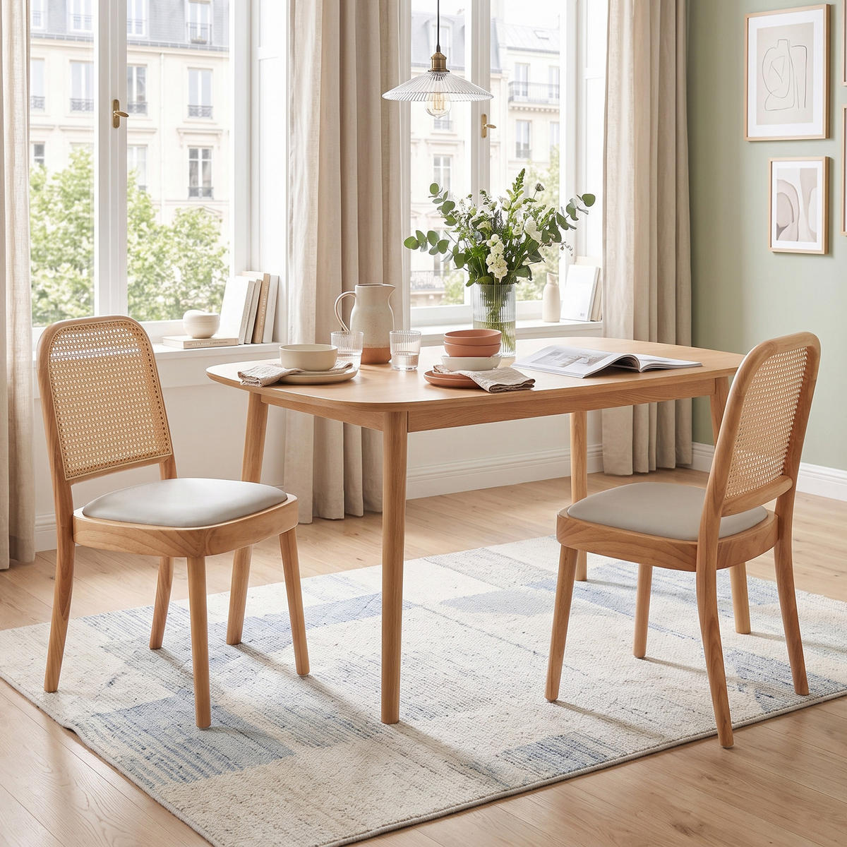 ESSZIMMERSTÜHLE 2er-Set Massivholz mit Rattan-Lehne & Leinen Holzfarbe - Naturfarben, Holz (52/84/45cm) - Urban Meuble